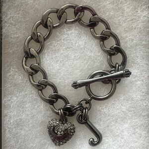 Juicy Couture Gunmetal Link Bracelet with Pave Heart and J Charm